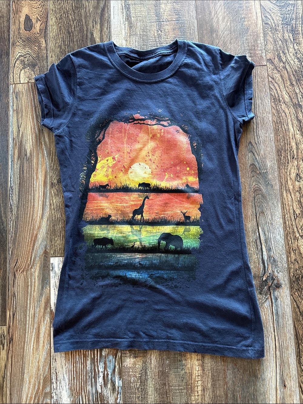 Women’s Navy Short-Sleeve Graphic Tee with Safari Sunset